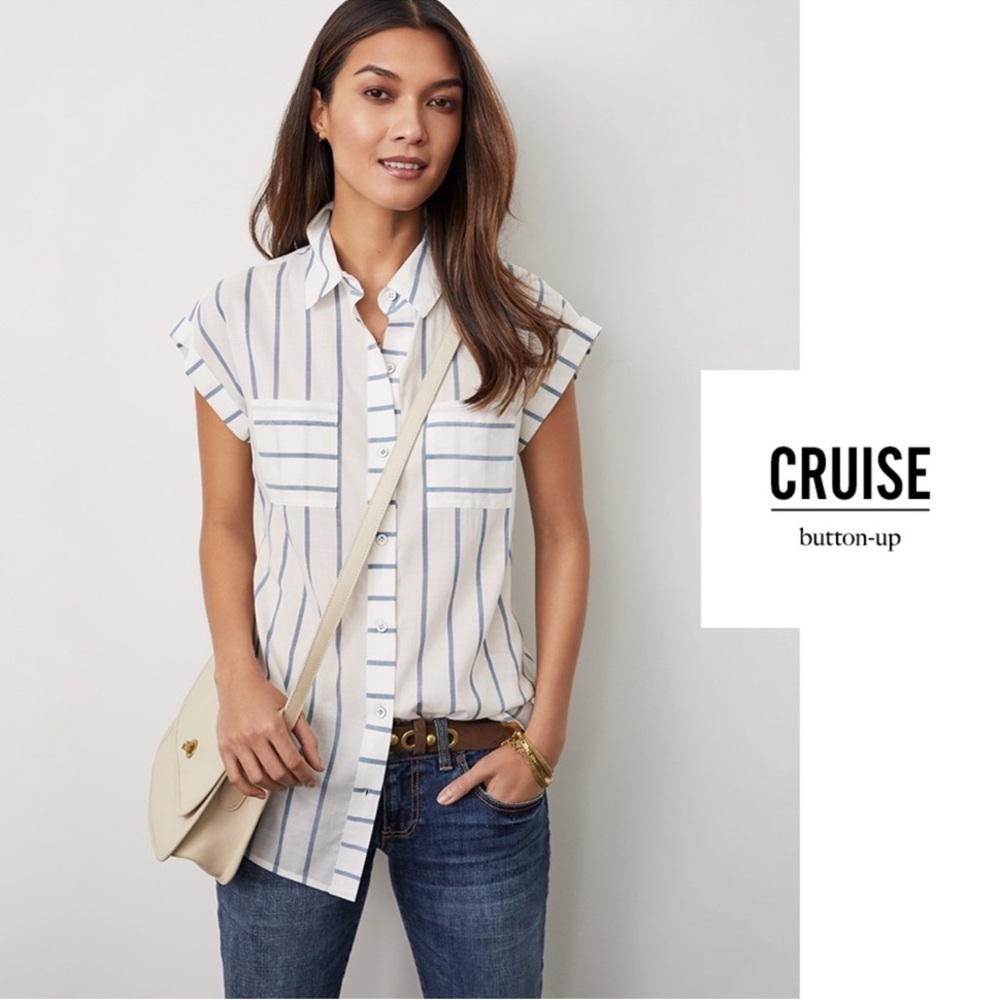 CAbi Cruise Button Up Tunic #5808 White Blue Striped Coastal Resort